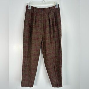 Vintage Brown Houndstooth Wool Blend Pleated Trousers Pants Size 8